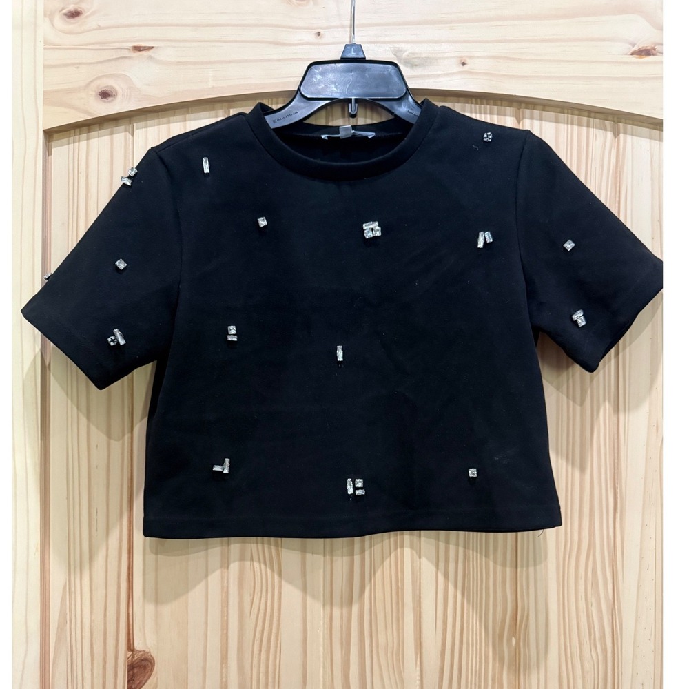 Cloud Ten Black Rhinestone Embellished Crop Top Short Sleeve CT10355Y Womens S